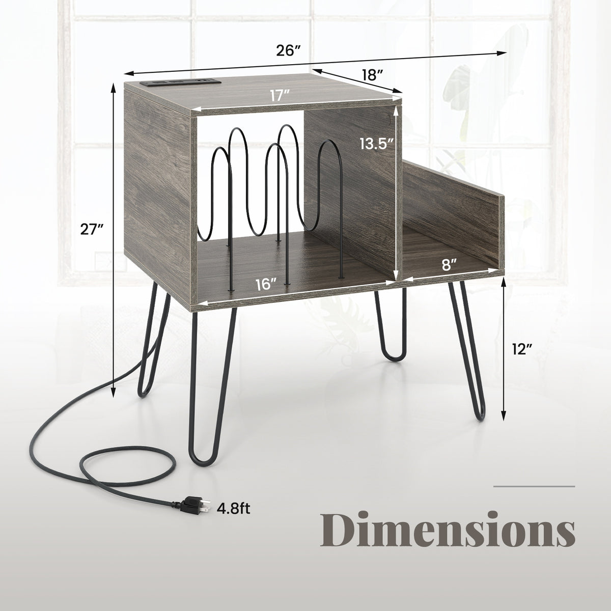 Mid-century Record Player Stand with Power Outlet and Vinyl Divider-Gray-End & Side Tables-DECOROLALA