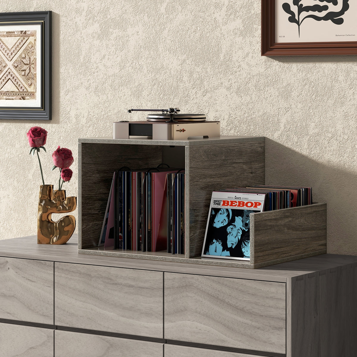 Mid-century Record Player Stand with Power Outlet and Vinyl Divider-Gray-End & Side Tables-DECOROLALA