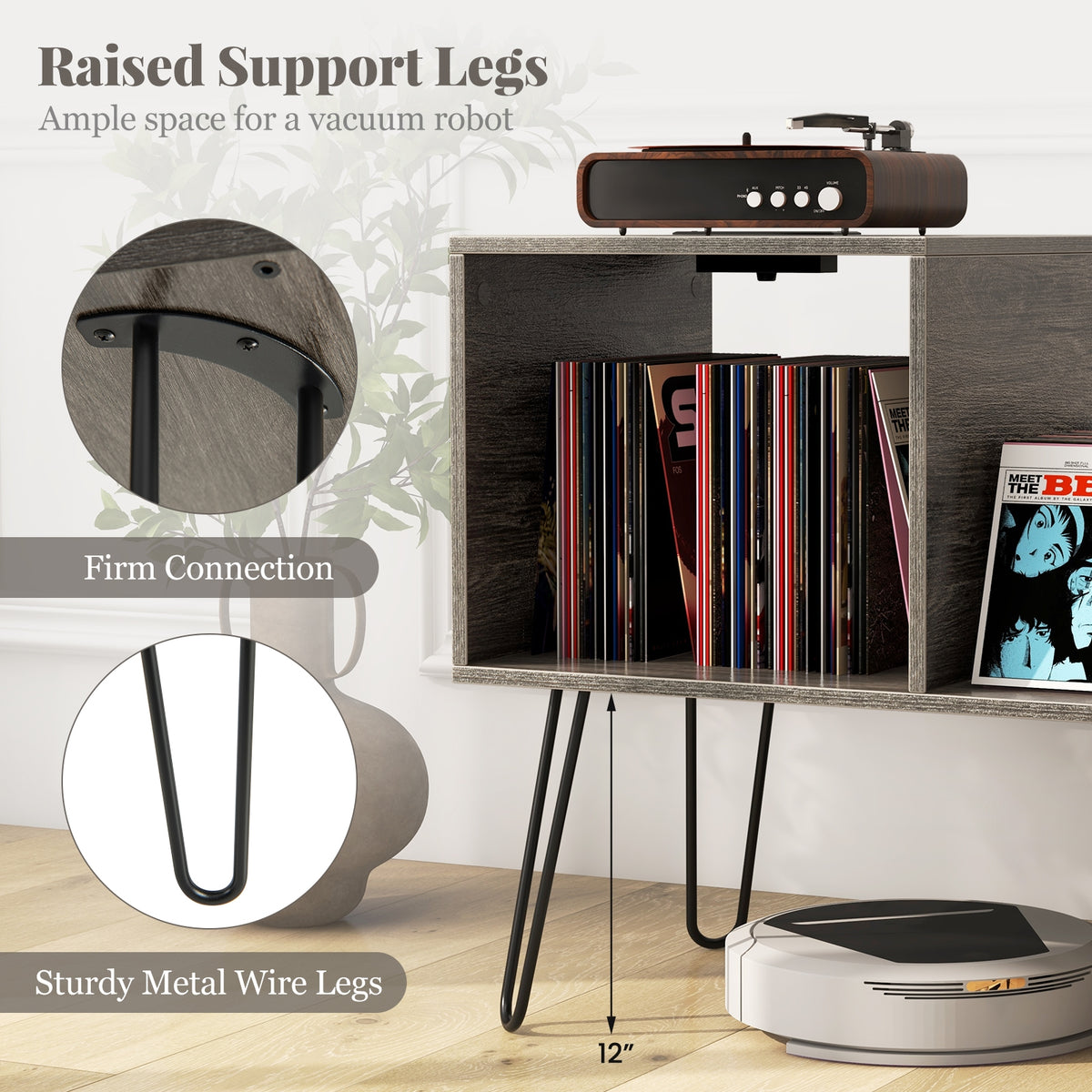 Mid-century Record Player Stand with Power Outlet and Vinyl Divider-Gray-End & Side Tables-DECOROLALA