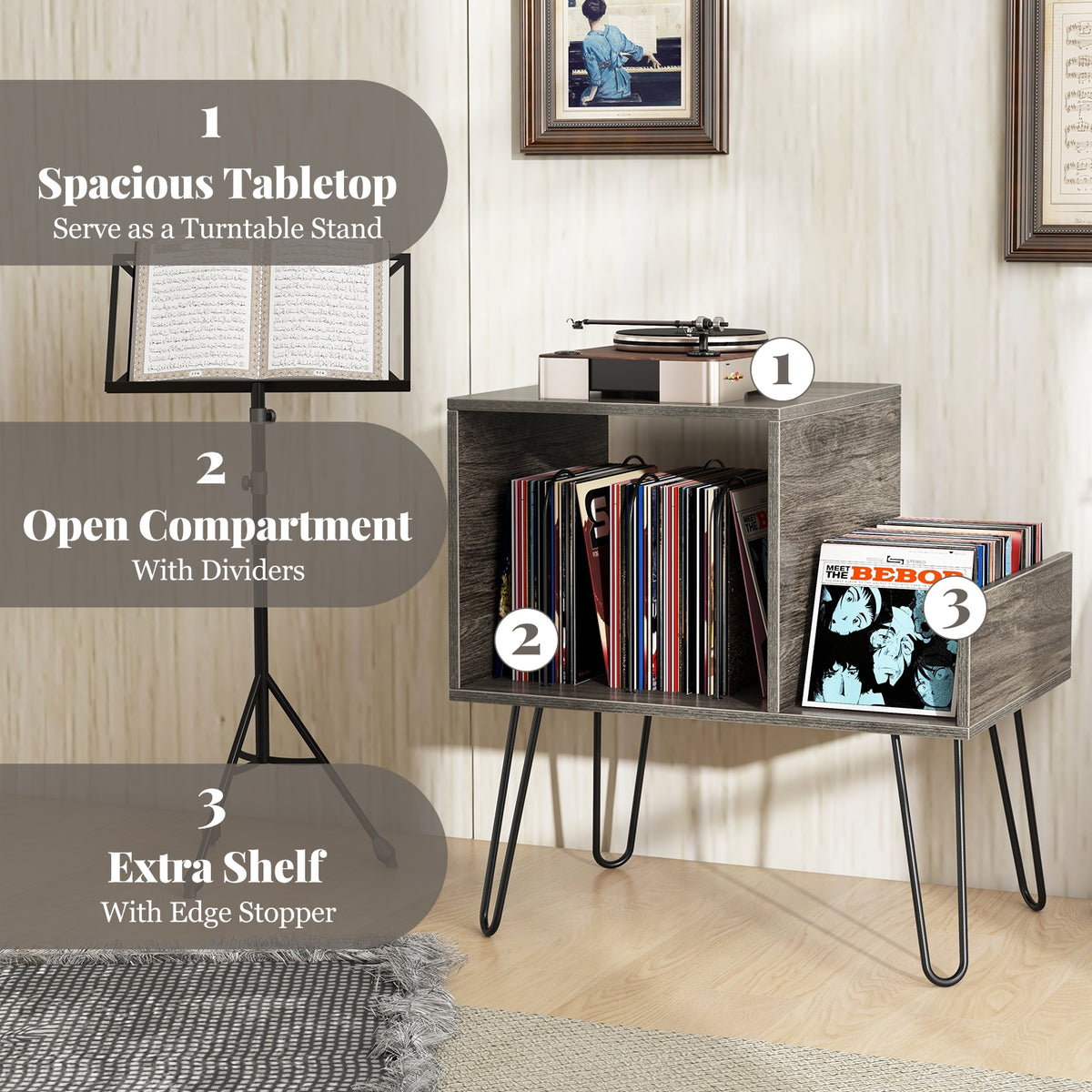 Mid-century Record Player Stand with Power Outlet and Vinyl Divider-Gray-End & Side Tables-DECOROLALA