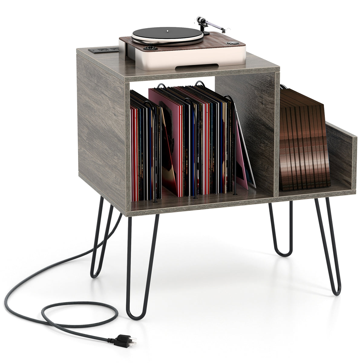 Mid-century Record Player Stand with Power Outlet and Vinyl Divider-Gray-End & Side Tables-DECOROLALA