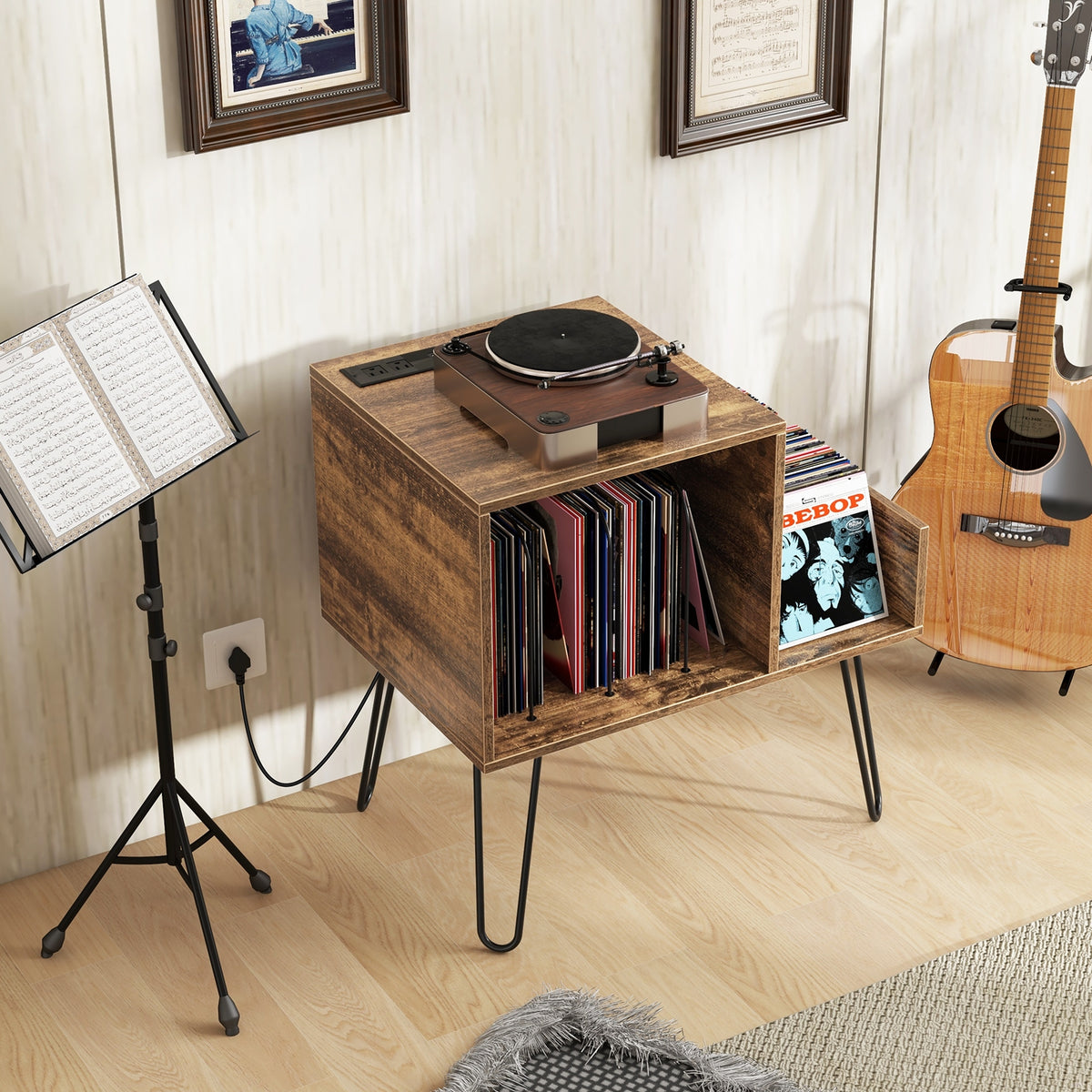 Mid-century Record Player Stand with Power Outlet and Vinyl Divider-Rustic Brown-End & Side Tables-DECOROLALA