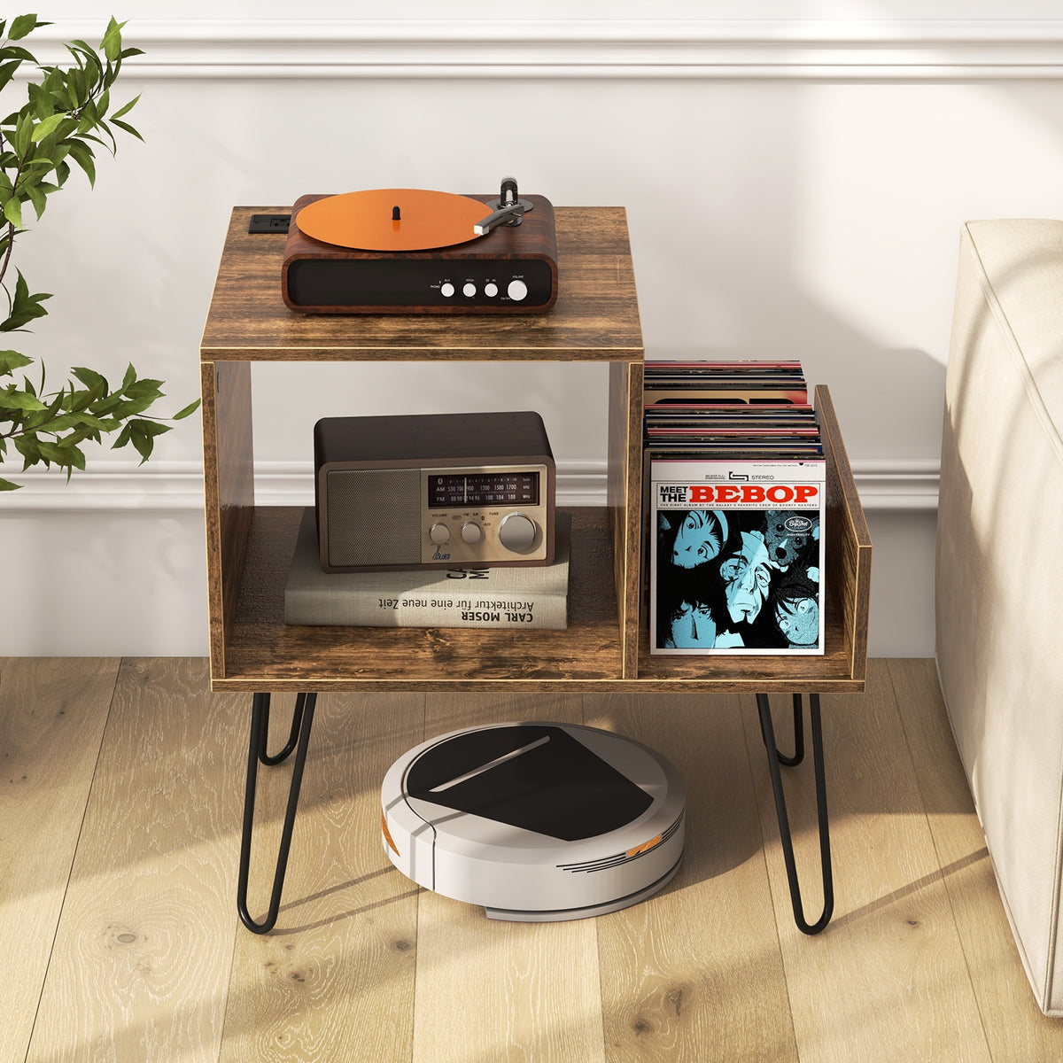 Mid-century Record Player Stand with Power Outlet and Vinyl Divider-Rustic Brown-End & Side Tables-DECOROLALA