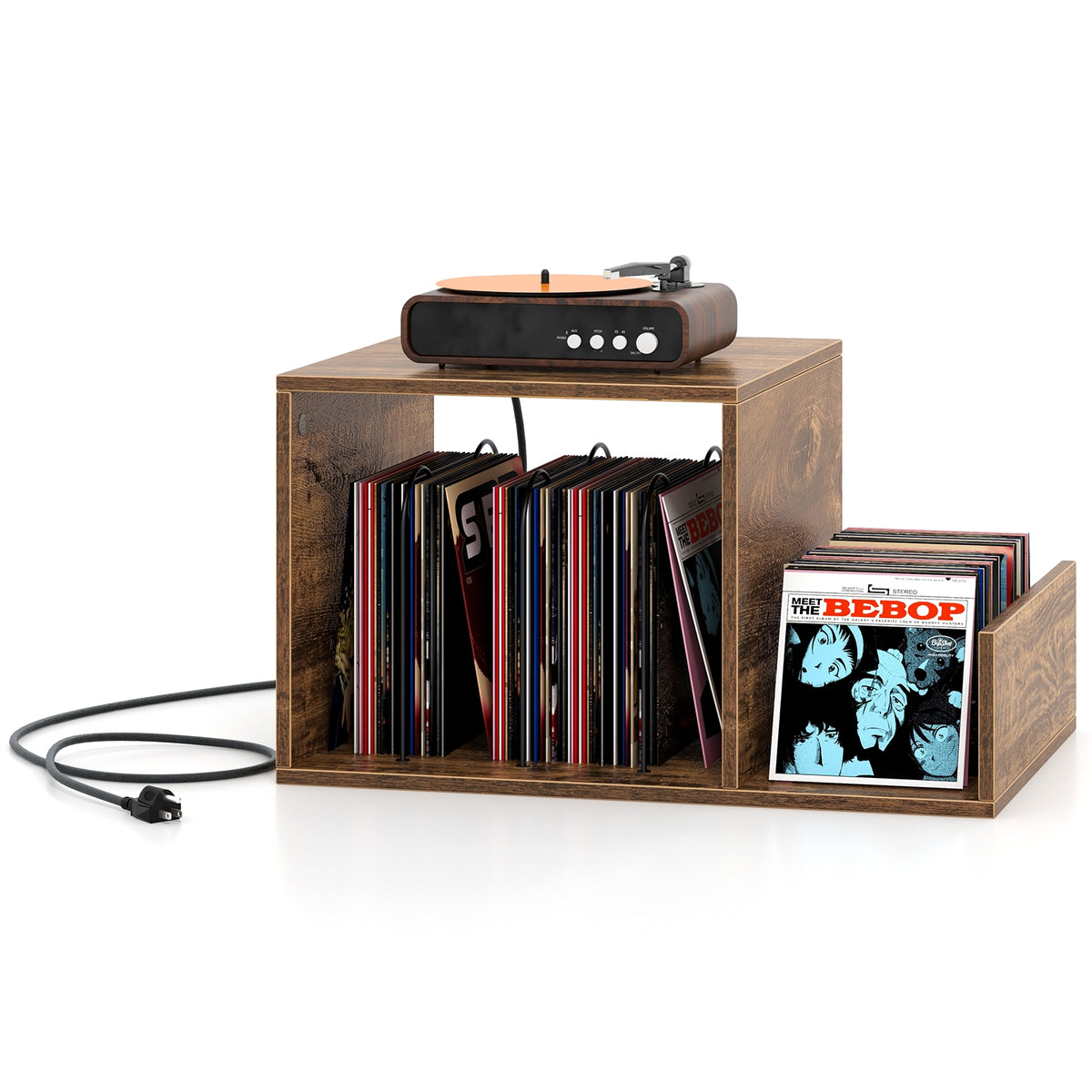 Mid-century Record Player Stand with Power Outlet and Vinyl Divider-Rustic Brown-End & Side Tables-DECOROLALA