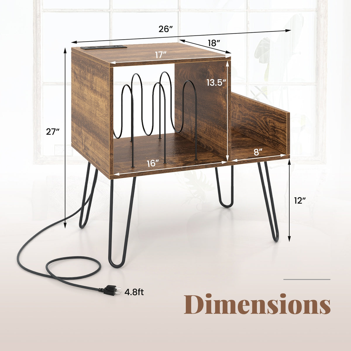 Mid-century Record Player Stand with Power Outlet and Vinyl Divider-Rustic Brown-End & Side Tables-DECOROLALA
