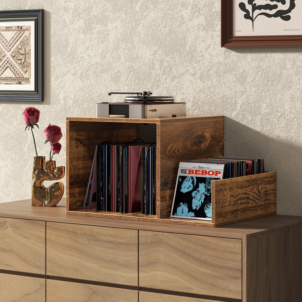 Mid-century Record Player Stand with Power Outlet and Vinyl Divider-Rustic Brown-End & Side Tables-DECOROLALA