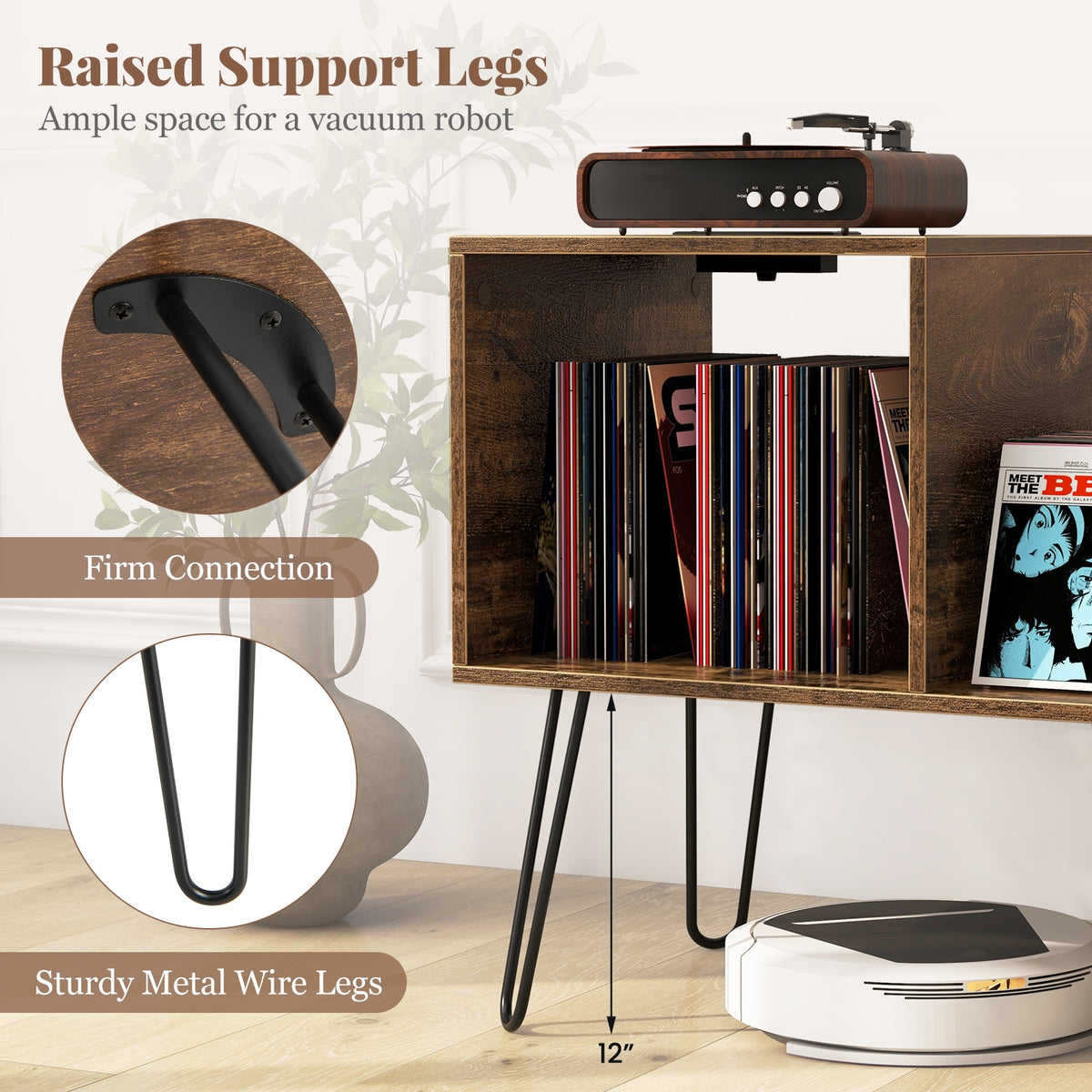 Mid-century Record Player Stand with Power Outlet and Vinyl Divider-Rustic Brown-End & Side Tables-DECOROLALA