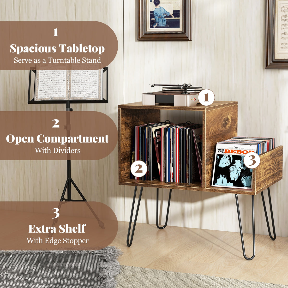 Mid-century Record Player Stand with Power Outlet and Vinyl Divider-Rustic Brown-End & Side Tables-DECOROLALA