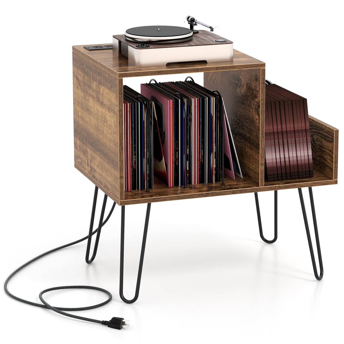 Mid-century Record Player Stand with Power Outlet and Vinyl Divider-Rustic Brown-End & Side Tables-DECOROLALA