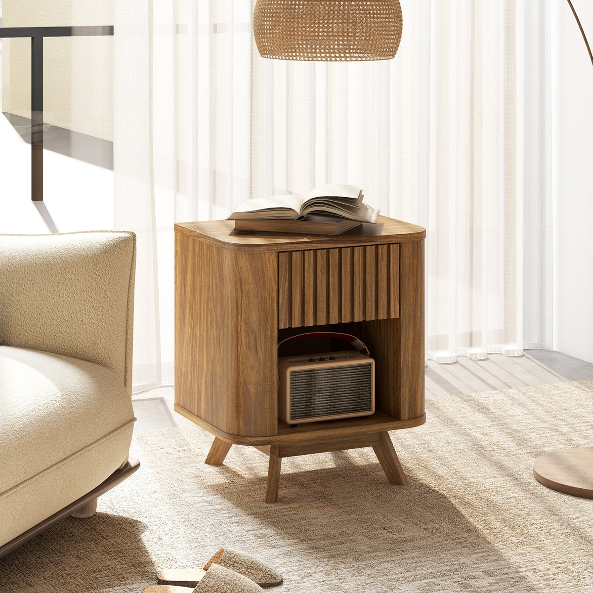 Mid-century Wood Nightstand with Drawer and Open Shelf-Walnut-Nightstands-DECOROLALA