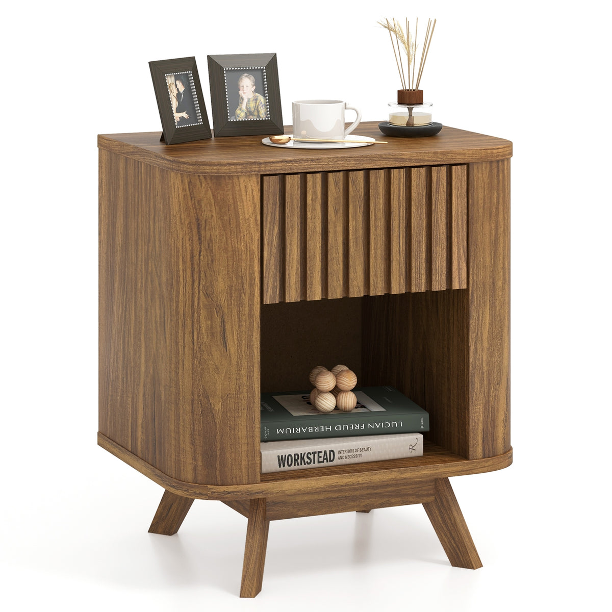 Mid-century Wood Nightstand with Drawer and Open Shelf-Walnut-Nightstands-DECOROLALA