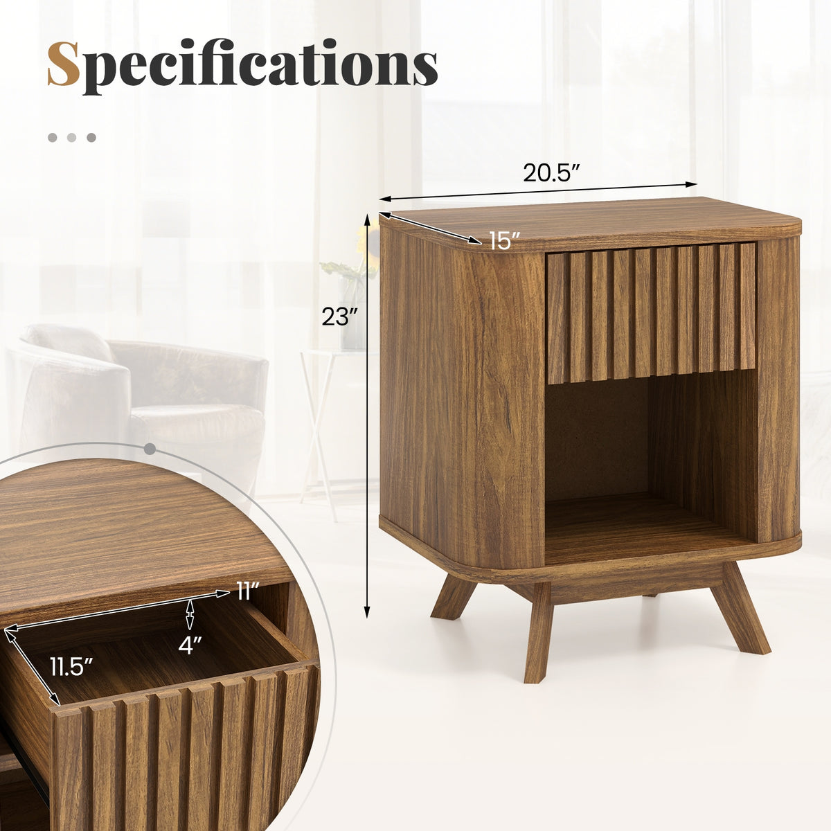 Mid-century Wood Nightstand with Drawer and Open Shelf-Walnut-Nightstands-DECOROLALA