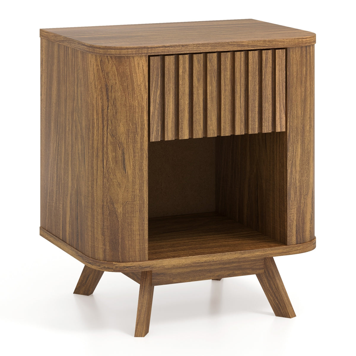 Mid-century Wood Nightstand with Drawer and Open Shelf-Walnut-Nightstands-DECOROLALA