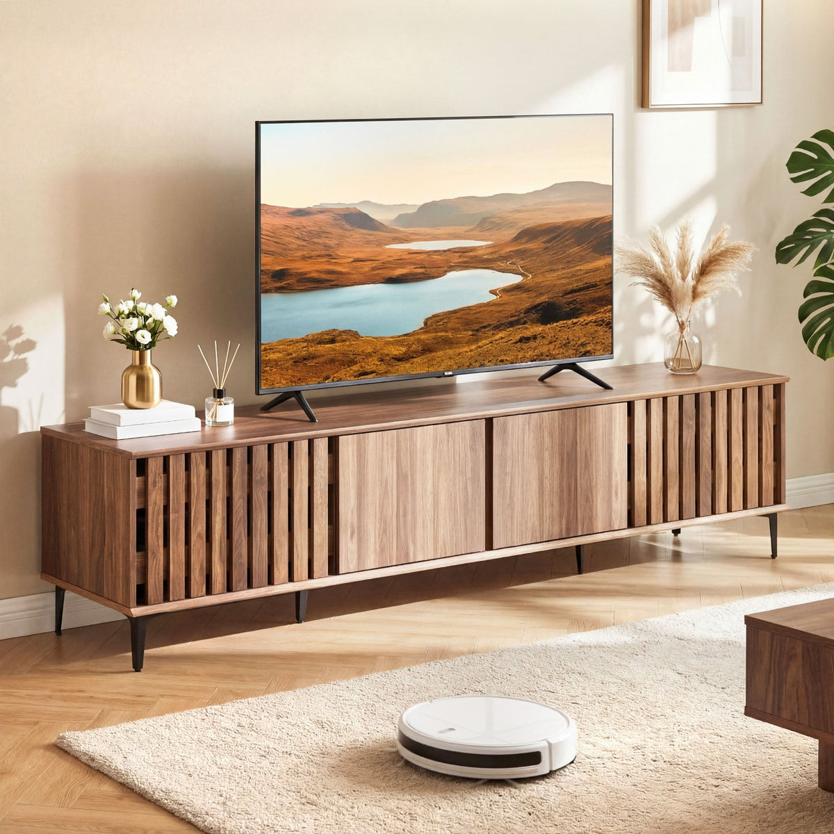 Mid Century Modern Entertainment Center with 4 Storage Cabinets for Living Room-Walnut-Entertainment Centers & TV Stands-DECOROLALA