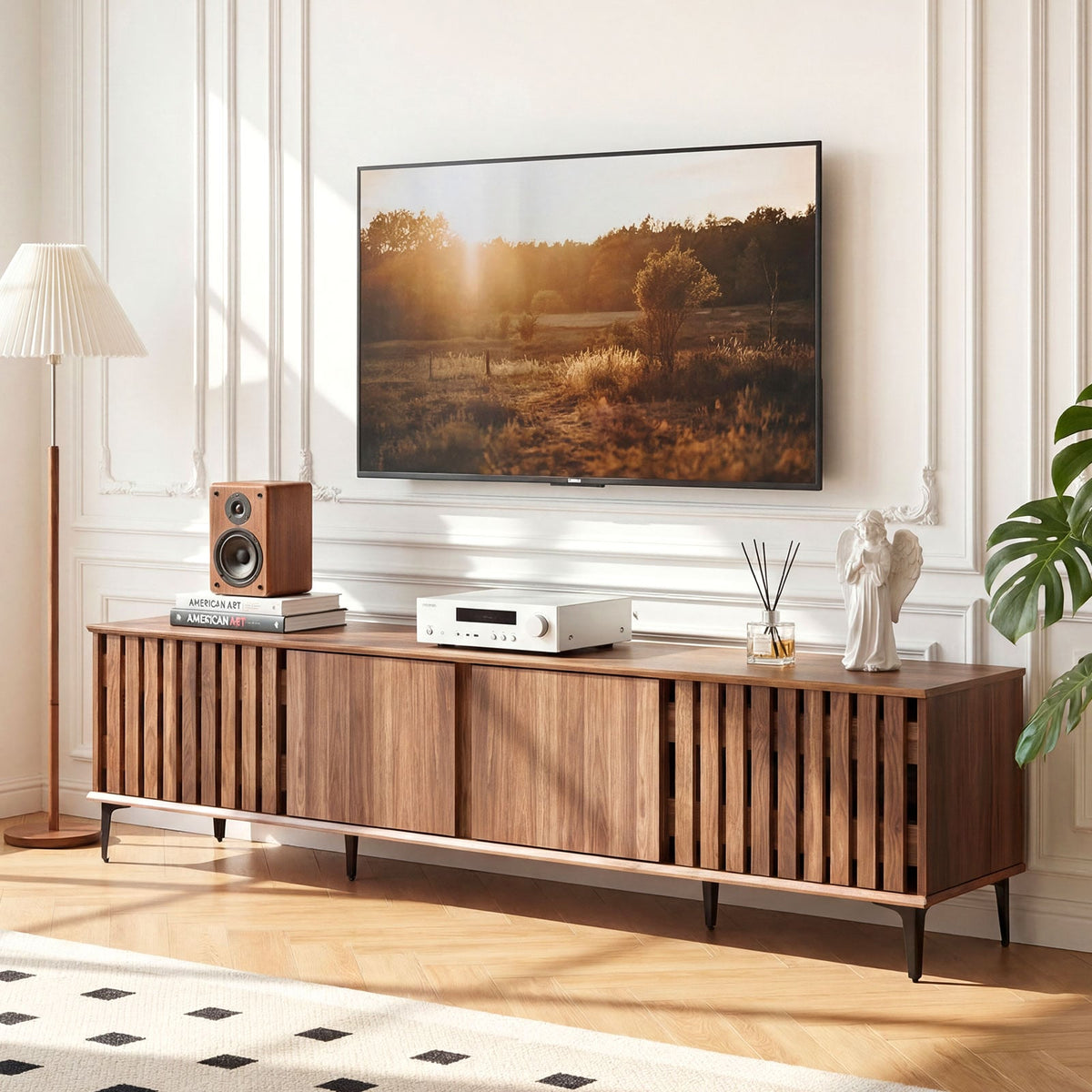 Mid Century Modern Entertainment Center with 4 Storage Cabinets for Living Room-Walnut-Entertainment Centers & TV Stands-DECOROLALA
