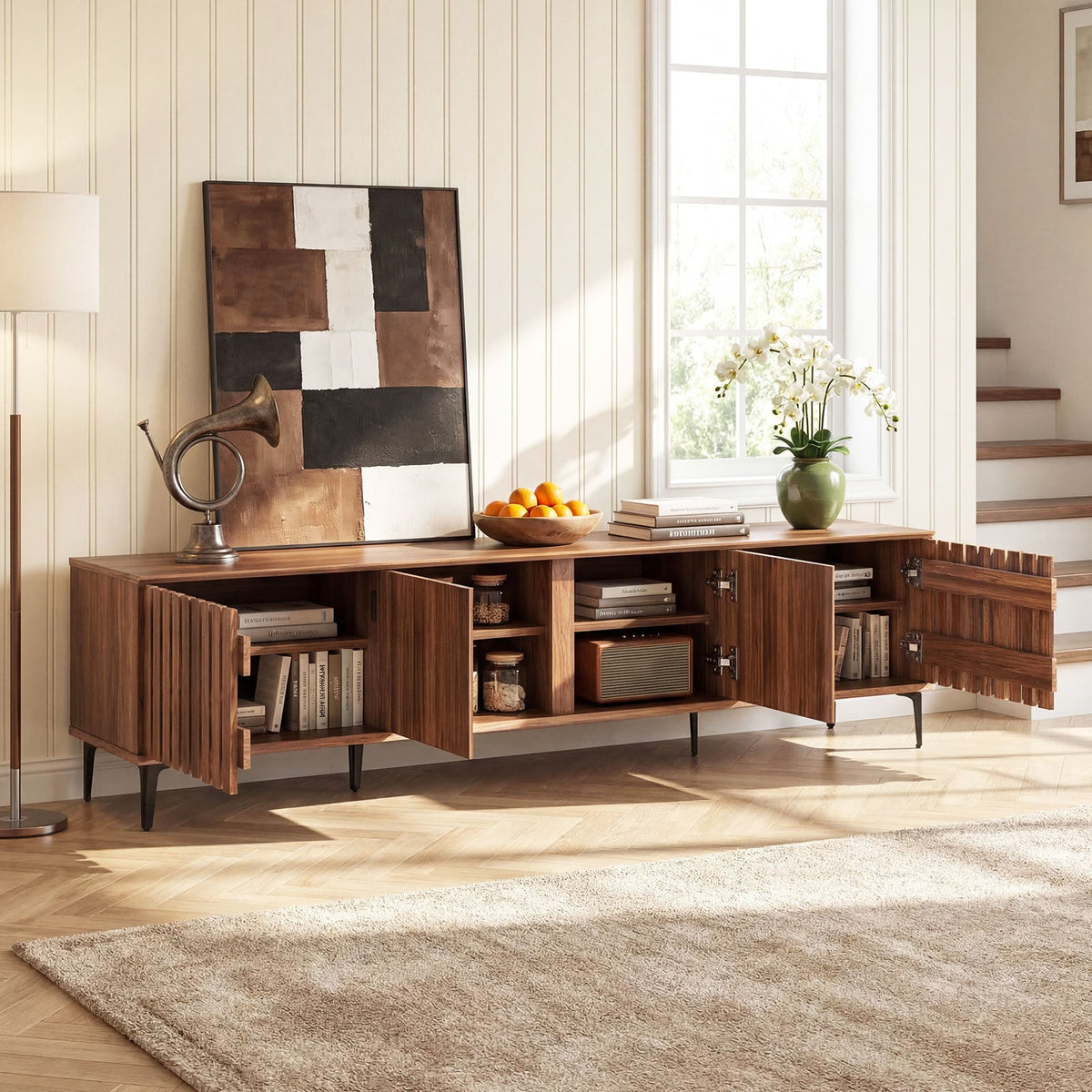 Mid Century Modern Entertainment Center with 4 Storage Cabinets for Living Room-Walnut-Entertainment Centers & TV Stands-DECOROLALA