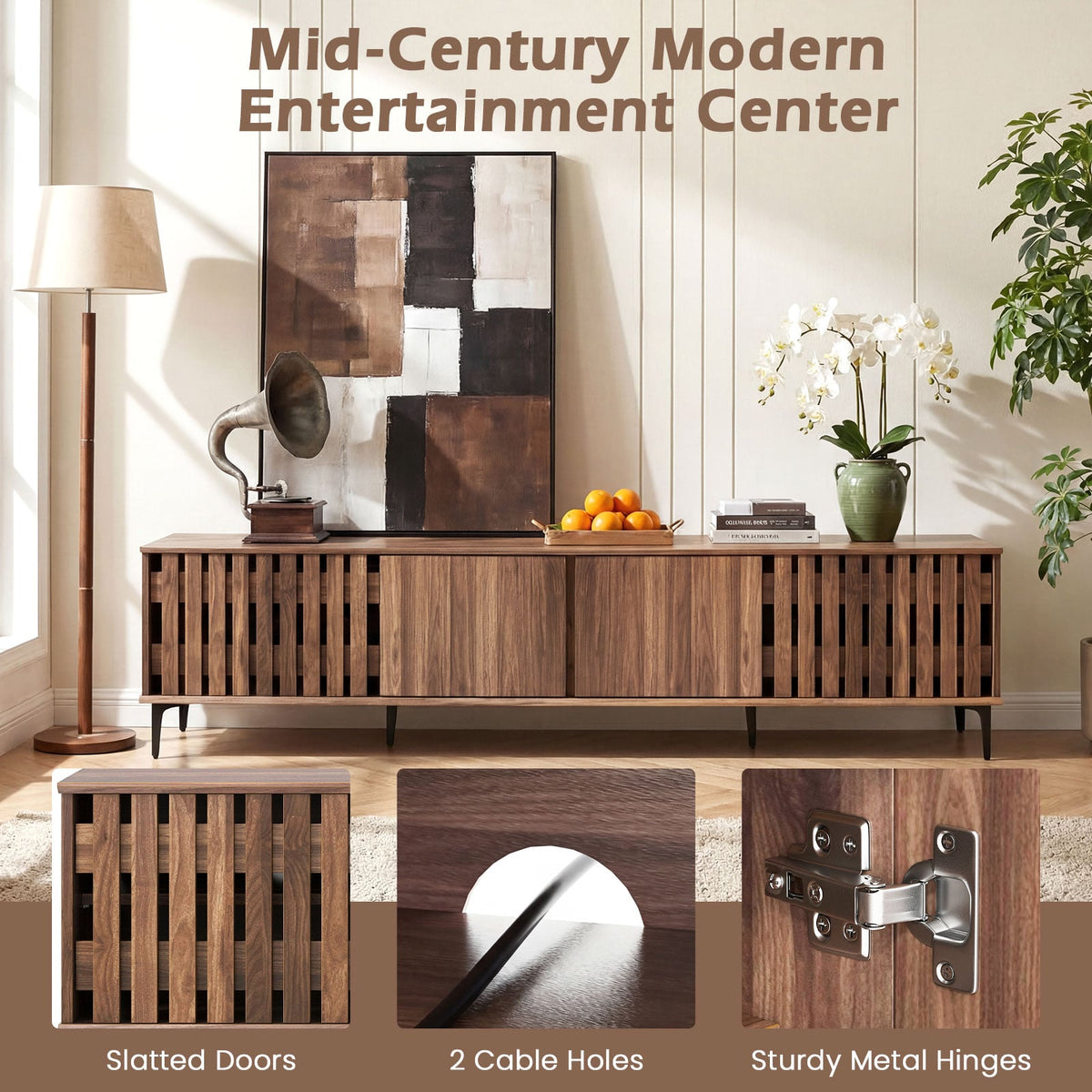 Mid Century Modern Entertainment Center with 4 Storage Cabinets for Living Room-Walnut-Entertainment Centers & TV Stands-DECOROLALA