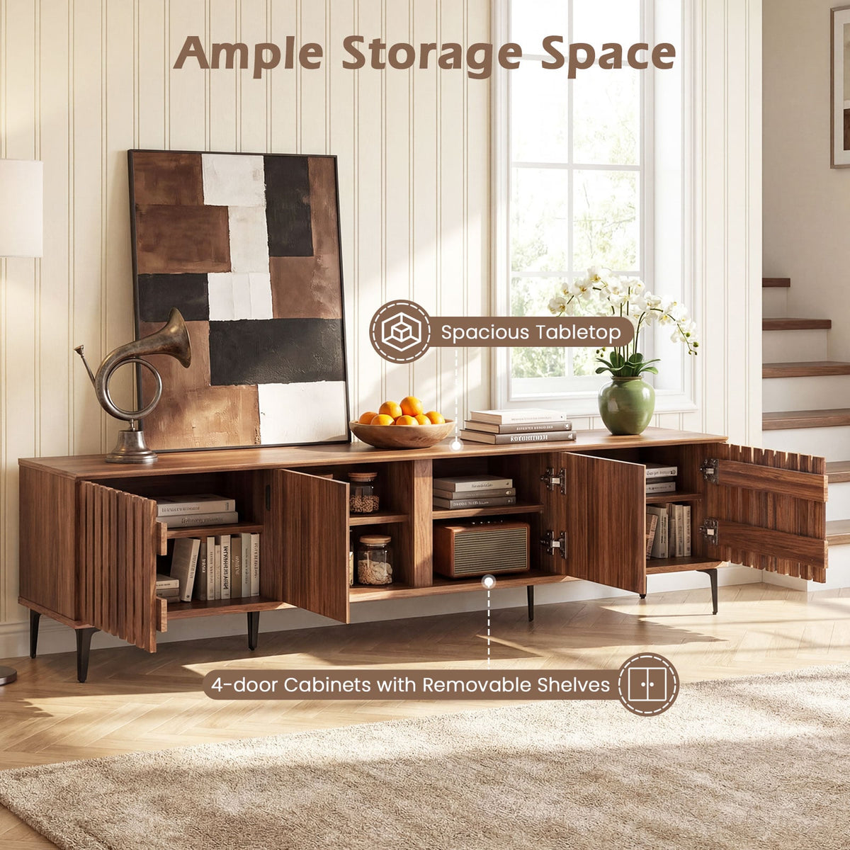 Mid Century Modern Entertainment Center with 4 Storage Cabinets for Living Room-Walnut-Entertainment Centers & TV Stands-DECOROLALA