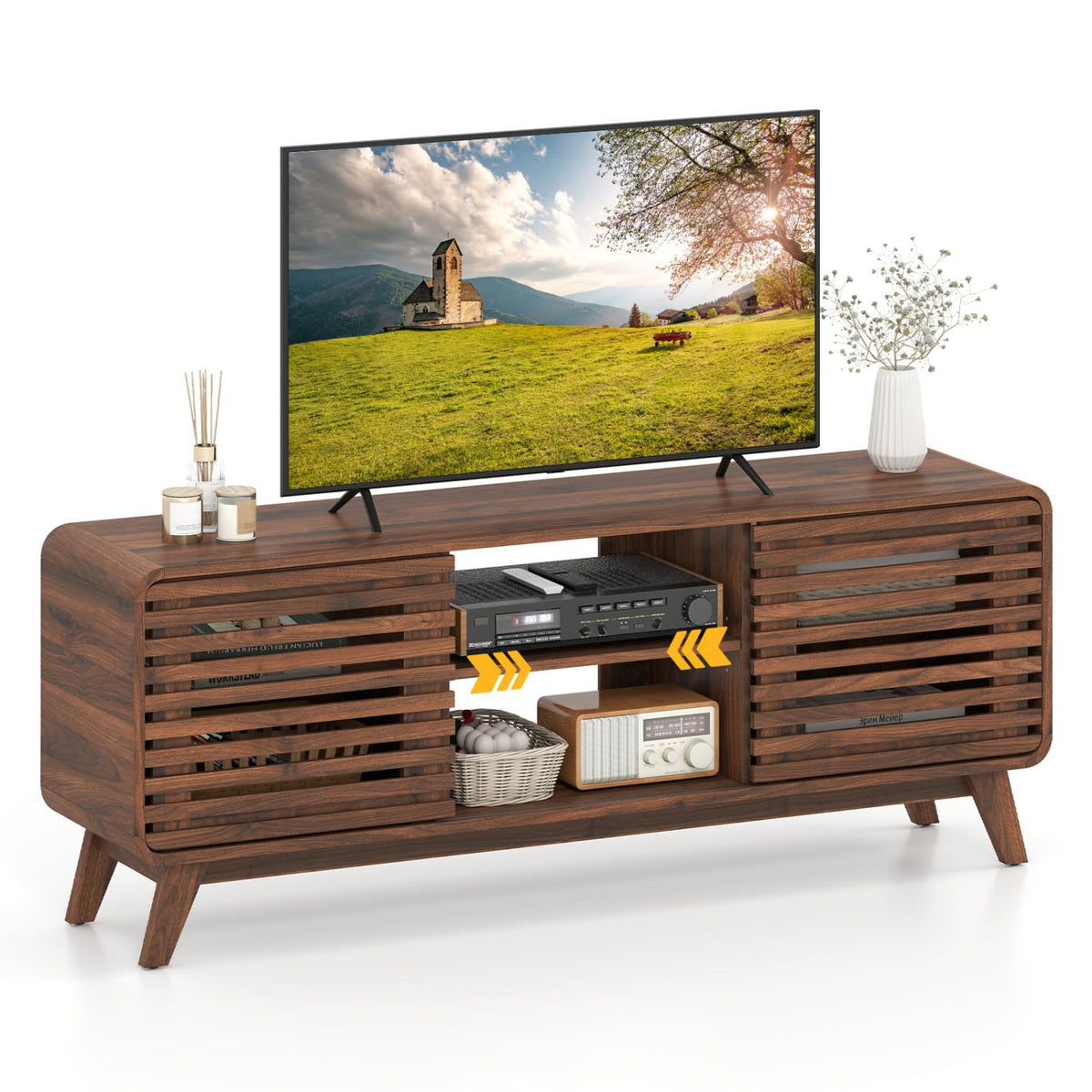 Mid Century Modern Entertainment Center with Grille-style Sliding Doors for Living Room-Walnut-Entertainment Centers & TV Stands-DECOROLALA