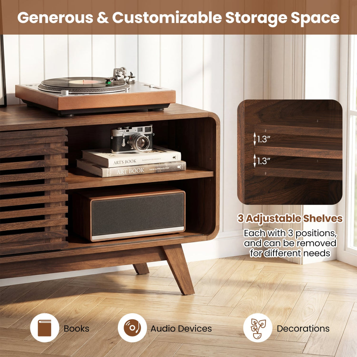 Mid Century Modern Entertainment Center with Grille-style Sliding Doors for Living Room-Walnut-Entertainment Centers & TV Stands-DECOROLALA