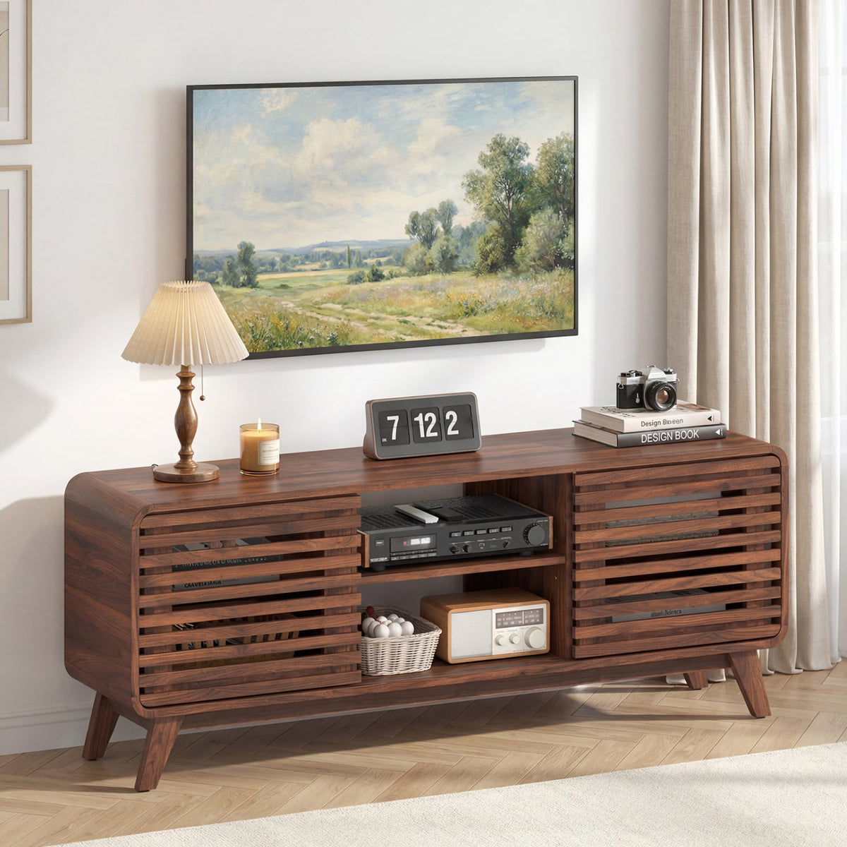 Mid Century Modern Entertainment Center with Grille-style Sliding Doors for Living Room-Walnut-Entertainment Centers & TV Stands-DECOROLALA