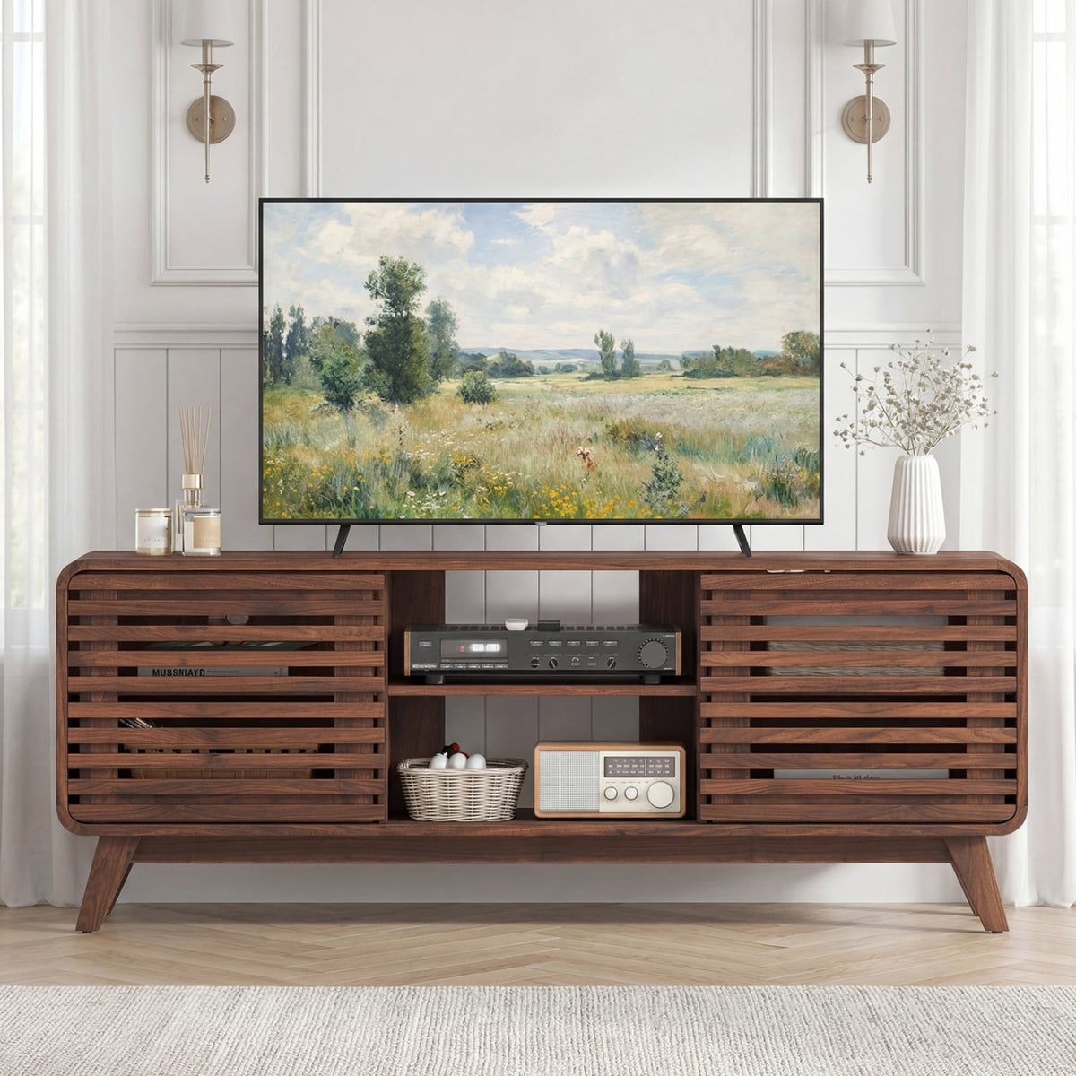 Mid Century Modern Entertainment Center with Grille-style Sliding Doors for Living Room-Walnut-Entertainment Centers & TV Stands-DECOROLALA