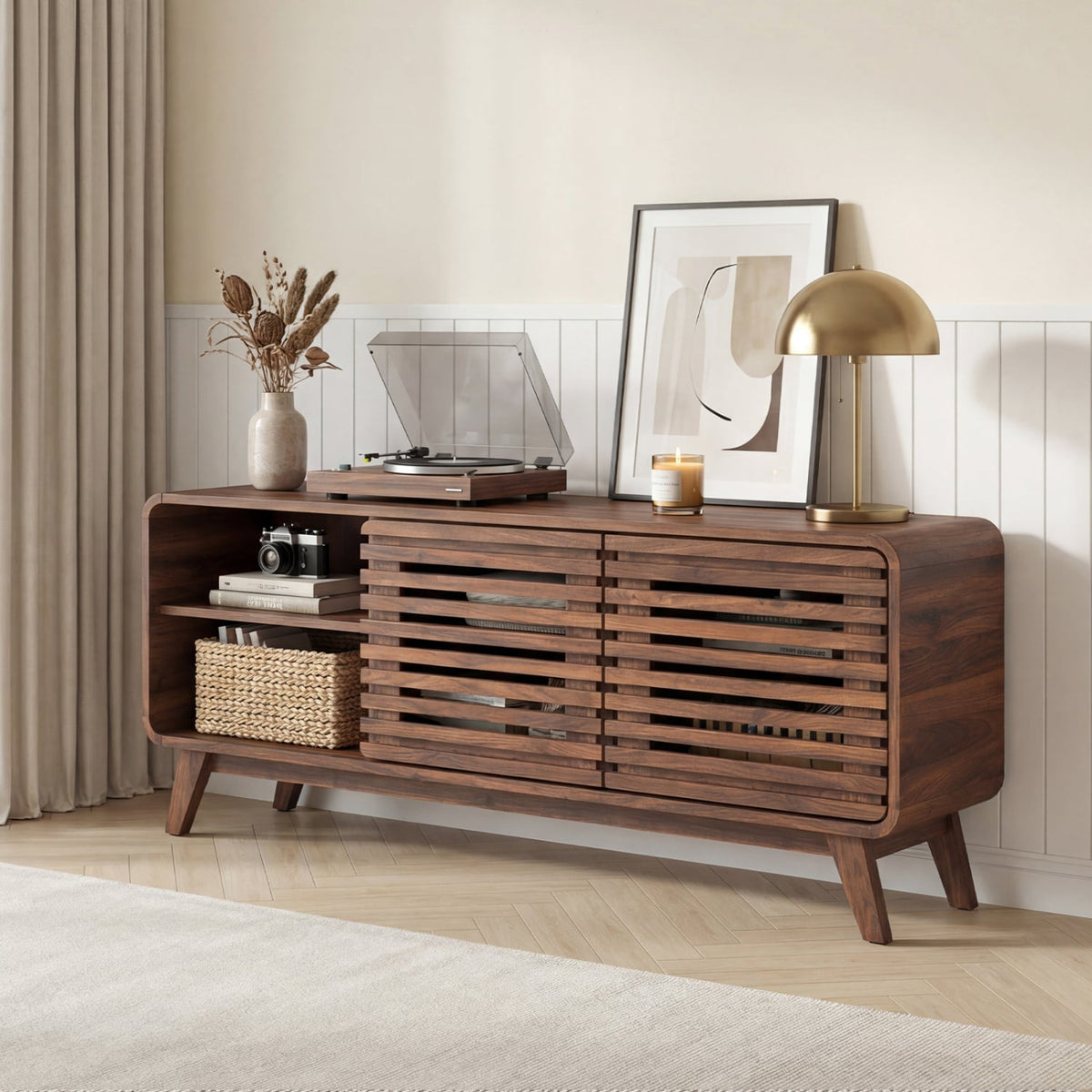 Mid Century Modern Entertainment Center with Grille-style Sliding Doors for Living Room-Walnut-Entertainment Centers & TV Stands-DECOROLALA