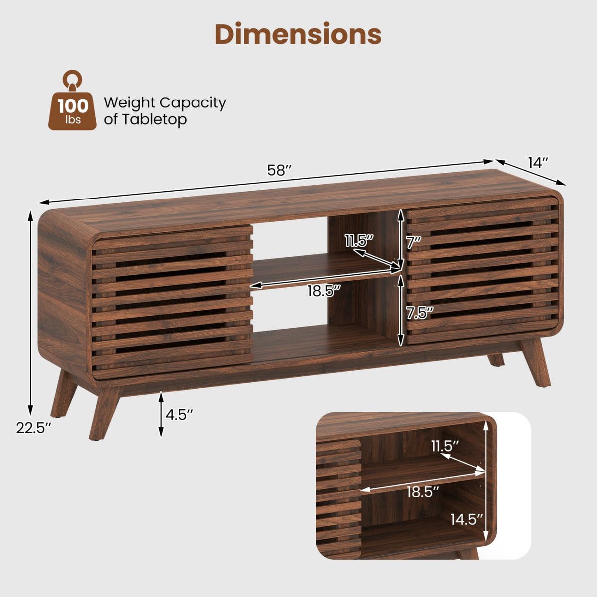 Mid Century Modern Entertainment Center with Grille-style Sliding Doors for Living Room-Walnut-Entertainment Centers & TV Stands-DECOROLALA