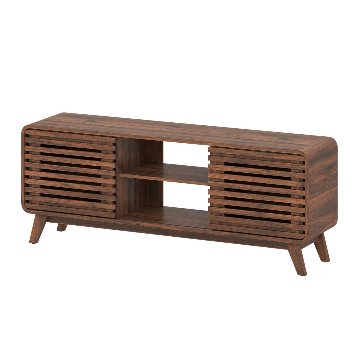 Mid Century Modern Entertainment Center with Grille-style Sliding Doors for Living Room-Walnut-Entertainment Centers & TV Stands-DECOROLALA
