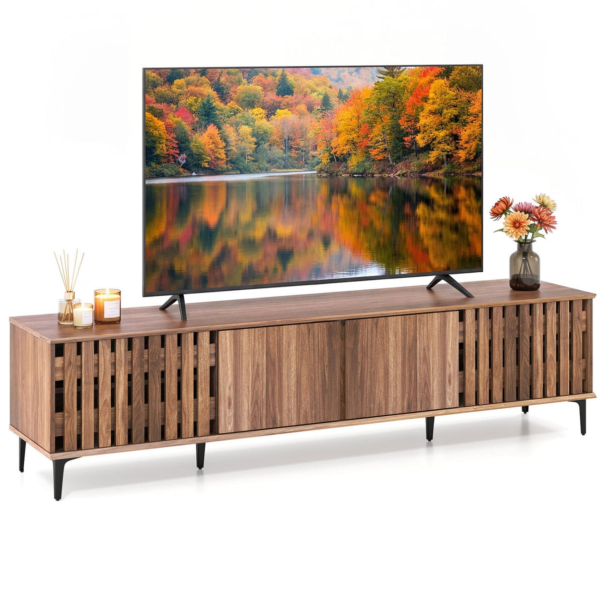 Mid Century Modern Entertainment Center with 4 Storage Cabinets for Living Room-Walnut-Entertainment Centers & TV Stands-DECOROLALA