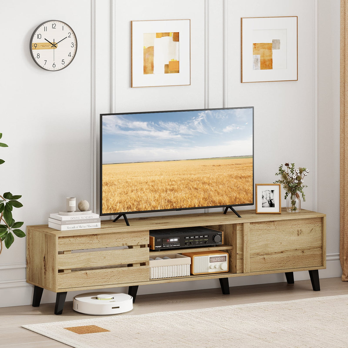 Mid Century Modern TV Stand for 80 Inch TVs with Sliding Door Cabinets and Storage Shelves-Oak-Entertainment Centers & TV Stands-DECOROLALA