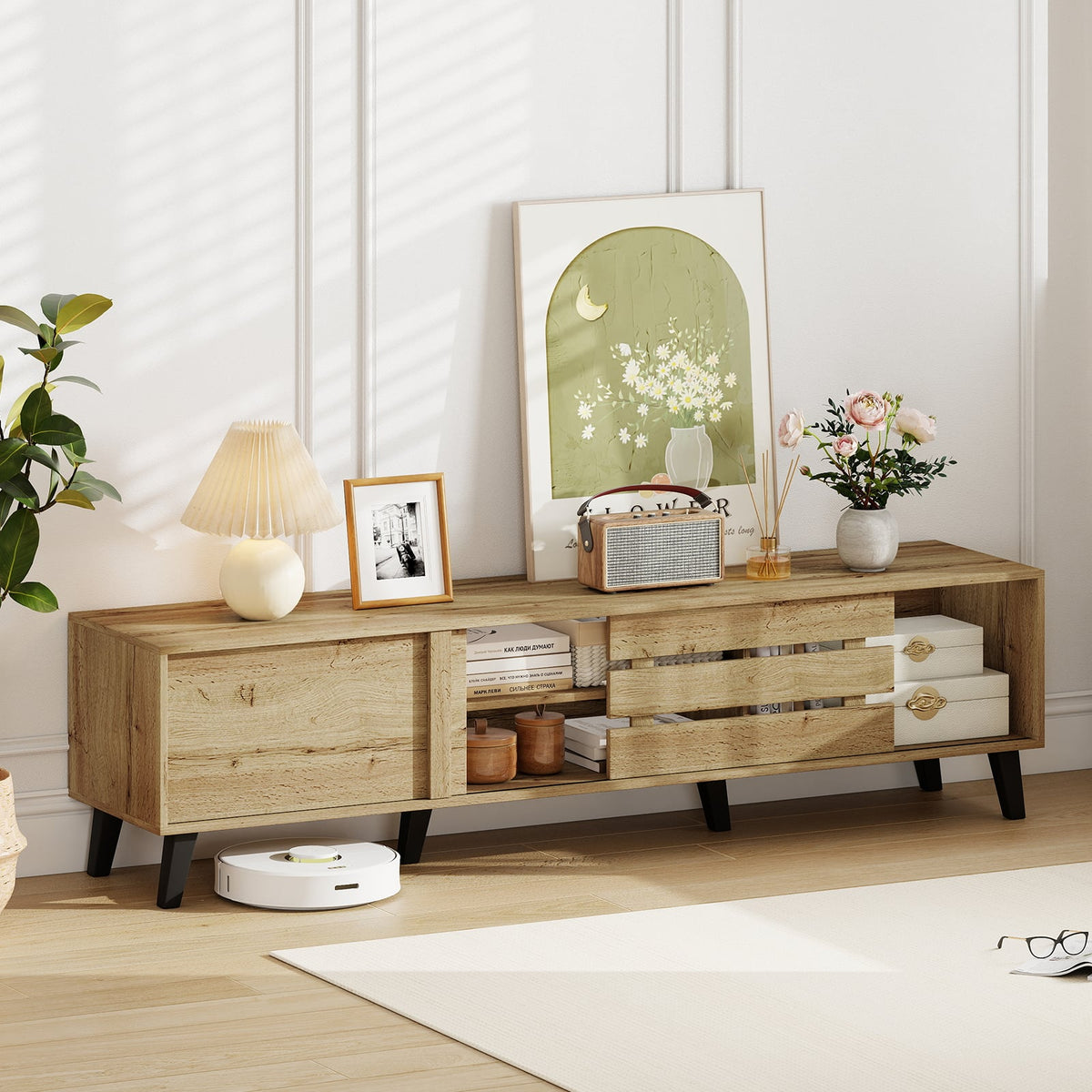 Mid Century Modern TV Stand for 80 Inch TVs with Sliding Door Cabinets and Storage Shelves-Oak-Entertainment Centers & TV Stands-DECOROLALA