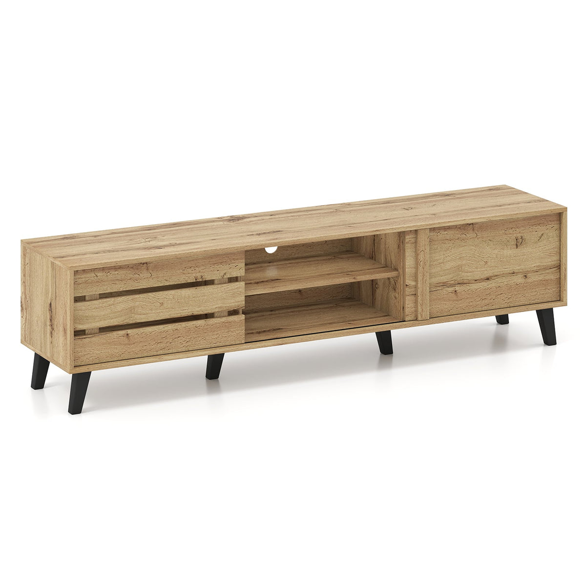 Mid Century Modern TV Stand for 80 Inch TVs with Sliding Door Cabinets and Storage Shelves-Oak-Entertainment Centers & TV Stands-DECOROLALA