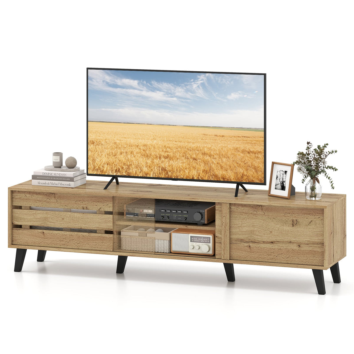 Mid Century Modern TV Stand for 80 Inch TVs with Sliding Door Cabinets and Storage Shelves-Oak-Entertainment Centers & TV Stands-DECOROLALA