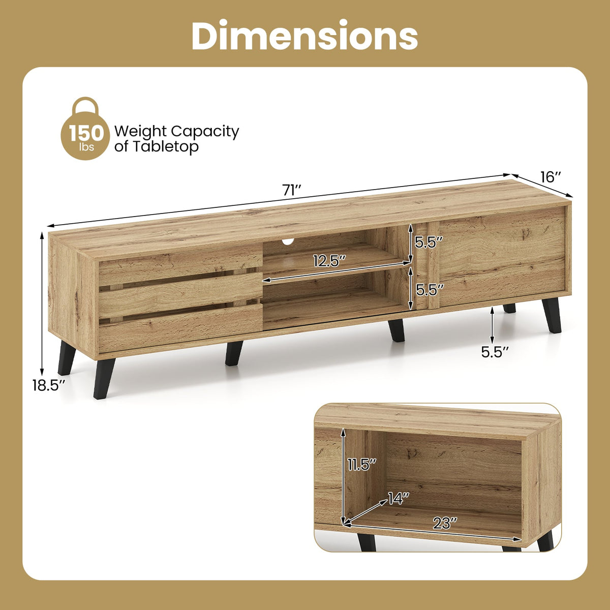 Mid Century Modern TV Stand for 80 Inch TVs with Sliding Door Cabinets and Storage Shelves-Oak-Entertainment Centers & TV Stands-DECOROLALA