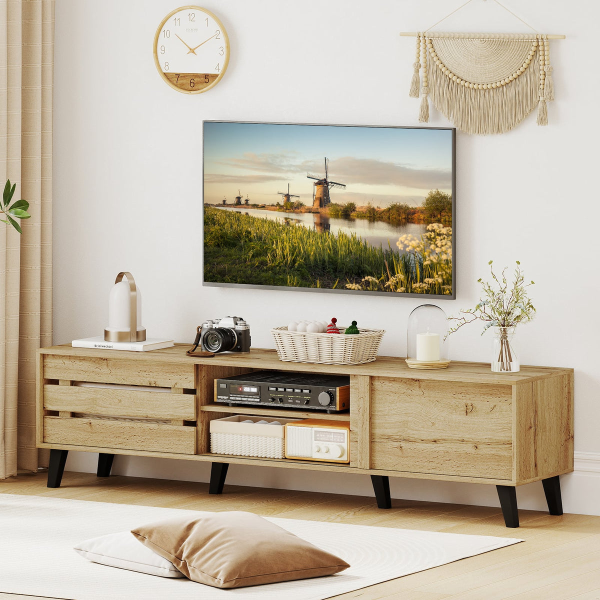 Mid Century Modern TV Stand for 80 Inch TVs with Sliding Door Cabinets and Storage Shelves-Oak-Entertainment Centers & TV Stands-DECOROLALA