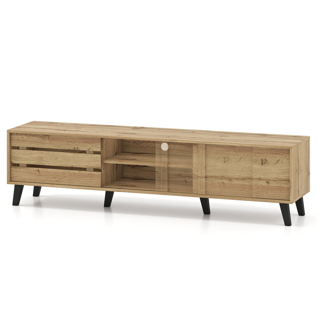 Mid Century Modern TV Stand for 80 Inch TVs with Sliding Door Cabinets and Storage Shelves-Oak-Entertainment Centers & TV Stands-DECOROLALA
