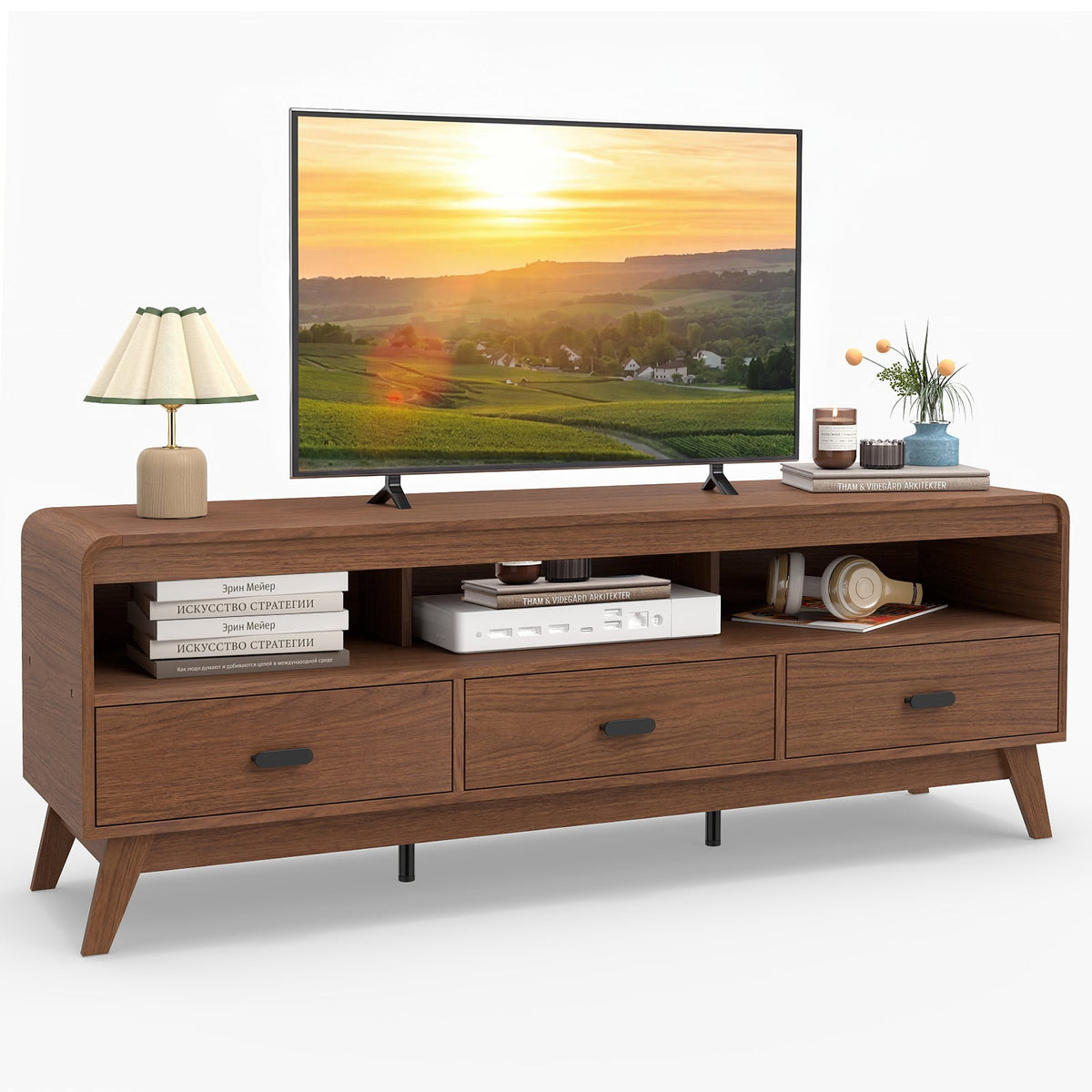 Mid Century Modern TV Stand for TVs up to 70" with 3 Storage Drawers and Open Shelves-Walnut-Entertainment Centers & TV Stands-DECOROLALA