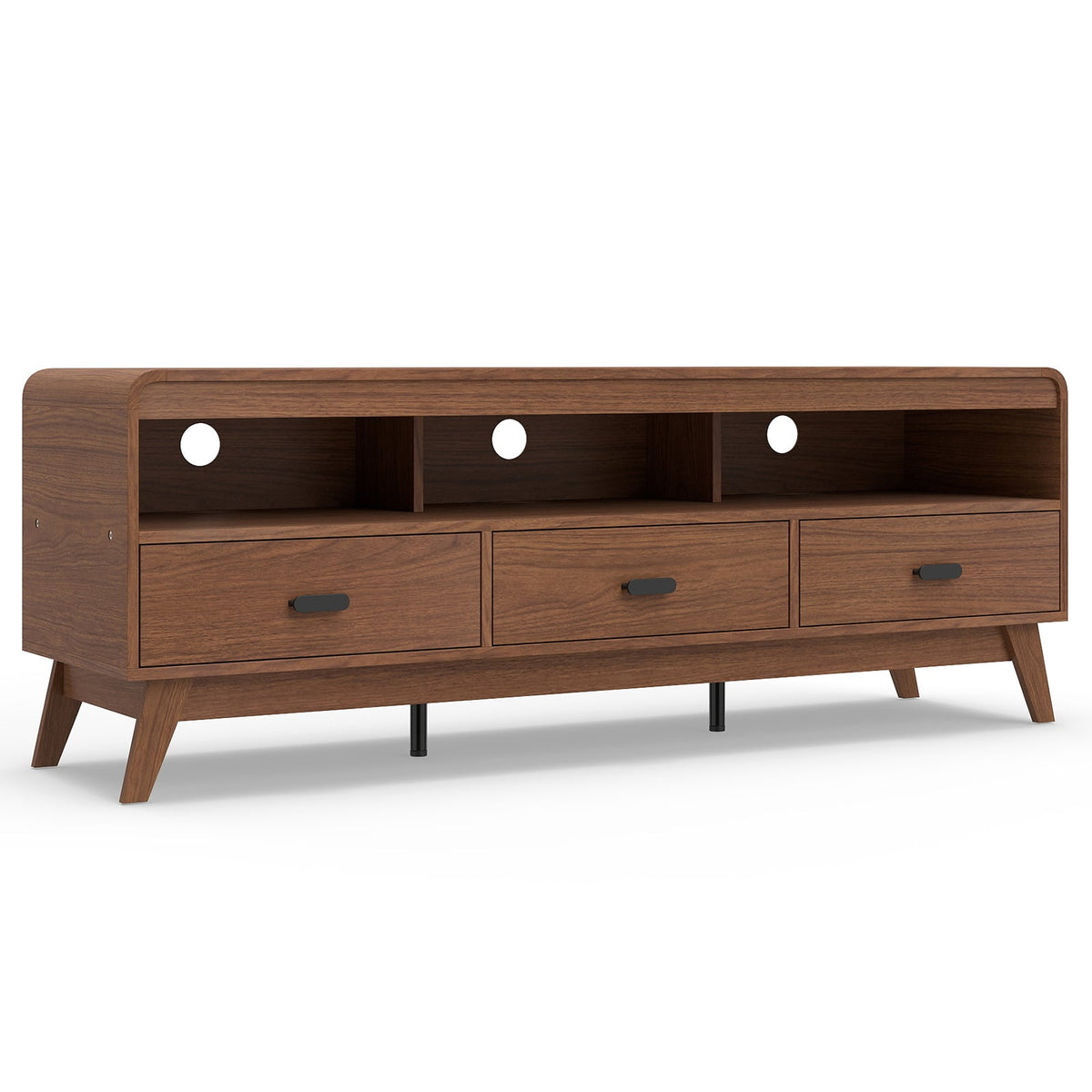 Mid Century Modern TV Stand for TVs up to 70" with 3 Storage Drawers and Open Shelves-Walnut-Entertainment Centers & TV Stands-DECOROLALA