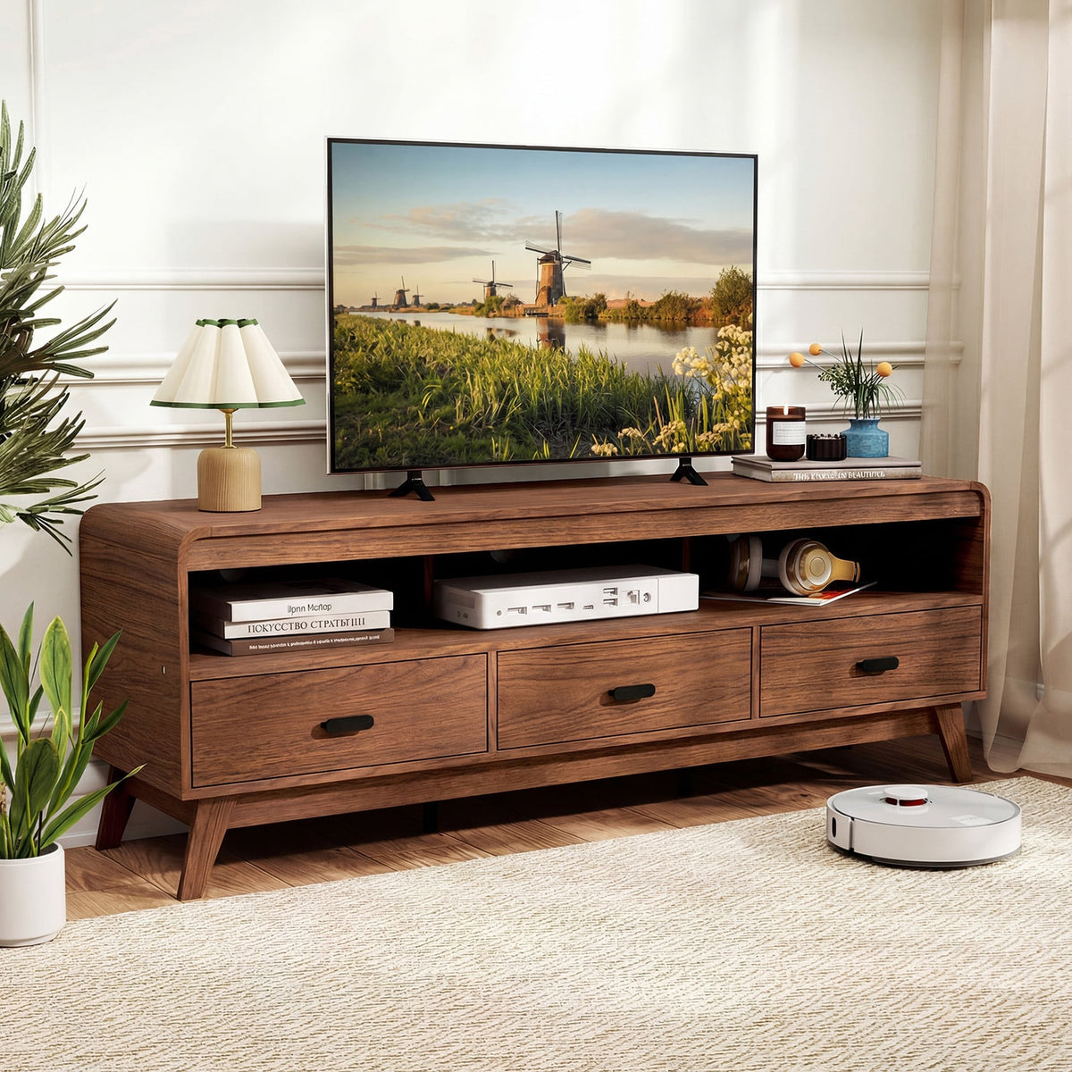 Mid Century Modern TV Stand for TVs up to 70" with 3 Storage Drawers and Open Shelves-Walnut-Entertainment Centers & TV Stands-DECOROLALA