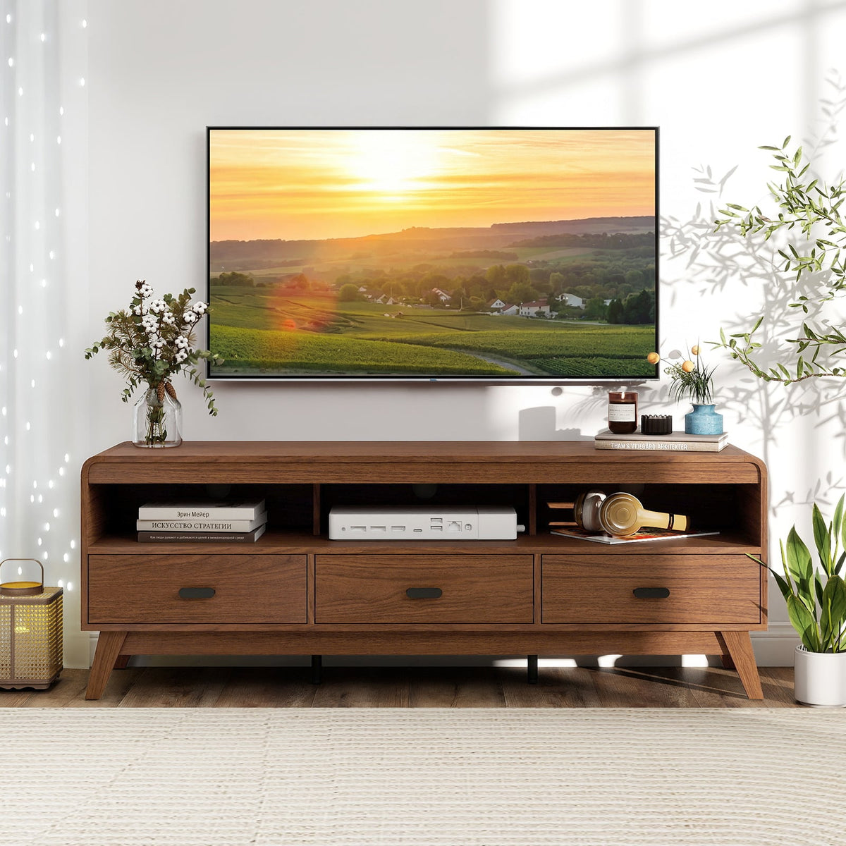 Mid Century Modern TV Stand for TVs up to 70" with 3 Storage Drawers and Open Shelves-Walnut-Entertainment Centers & TV Stands-DECOROLALA