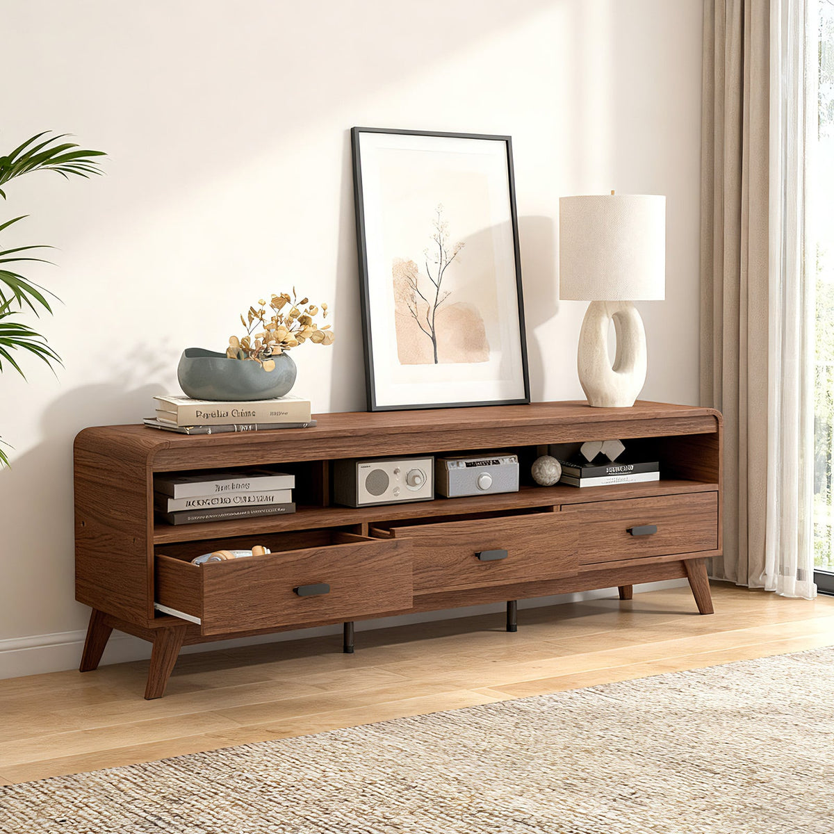 Mid Century Modern TV Stand for TVs up to 70" with 3 Storage Drawers and Open Shelves-Walnut-Entertainment Centers & TV Stands-DECOROLALA