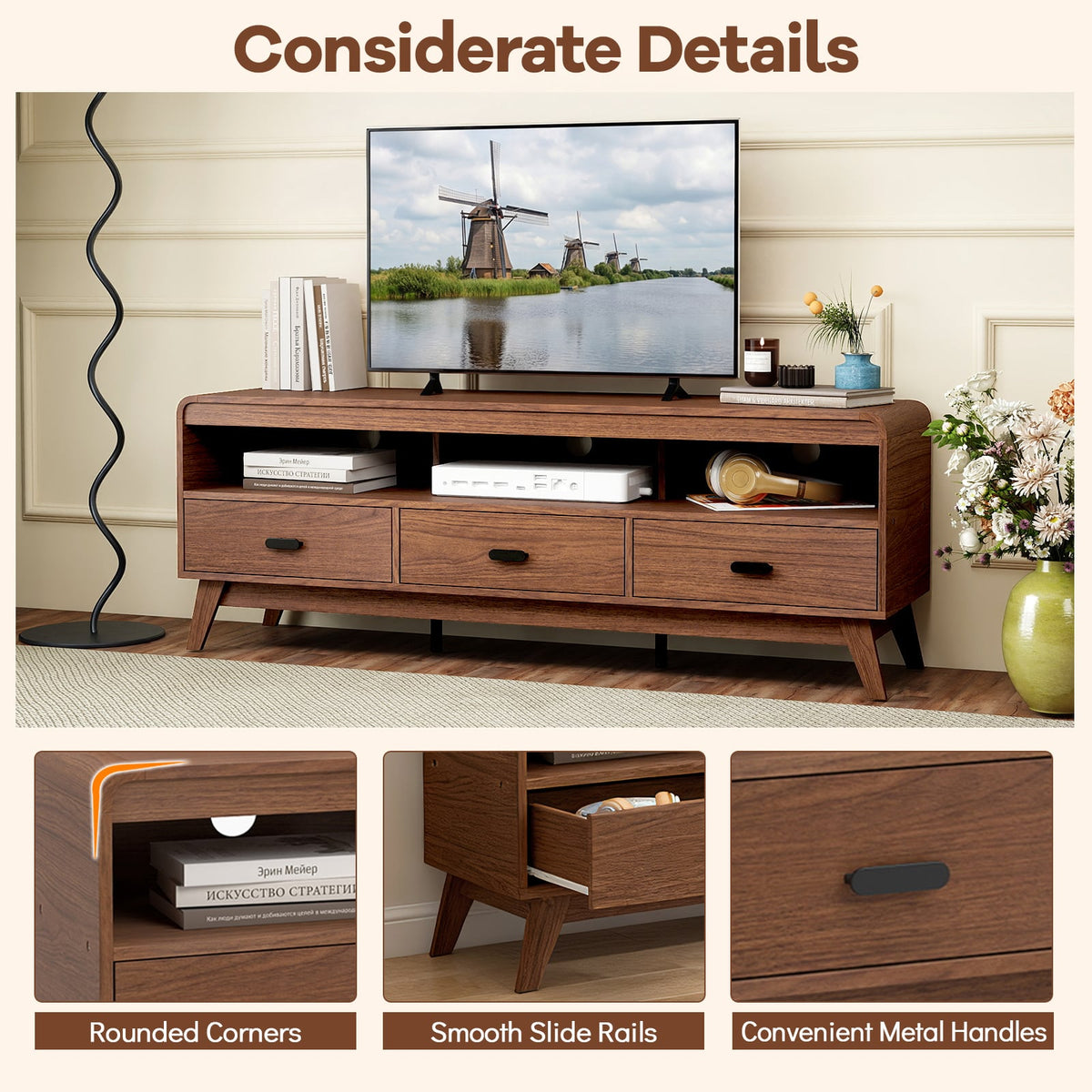 Mid Century Modern TV Stand for TVs up to 70" with 3 Storage Drawers and Open Shelves-Walnut-Entertainment Centers & TV Stands-DECOROLALA