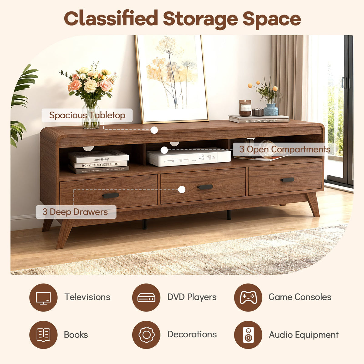Mid Century Modern TV Stand for TVs up to 70" with 3 Storage Drawers and Open Shelves-Walnut-Entertainment Centers & TV Stands-DECOROLALA