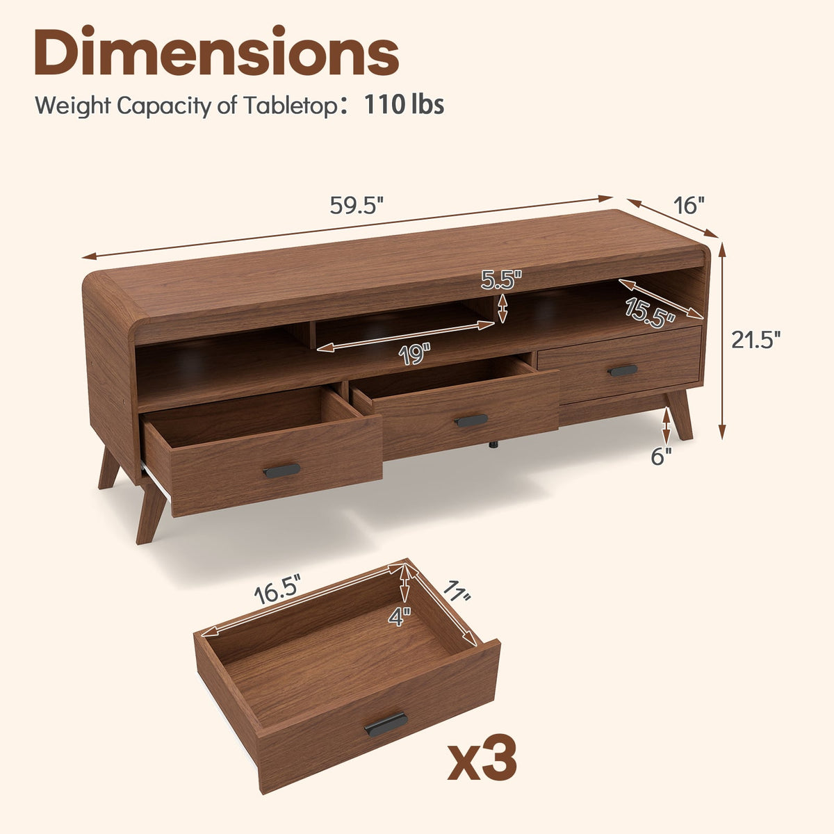 Mid Century Modern TV Stand for TVs up to 70" with 3 Storage Drawers and Open Shelves-Walnut-Entertainment Centers & TV Stands-DECOROLALA
