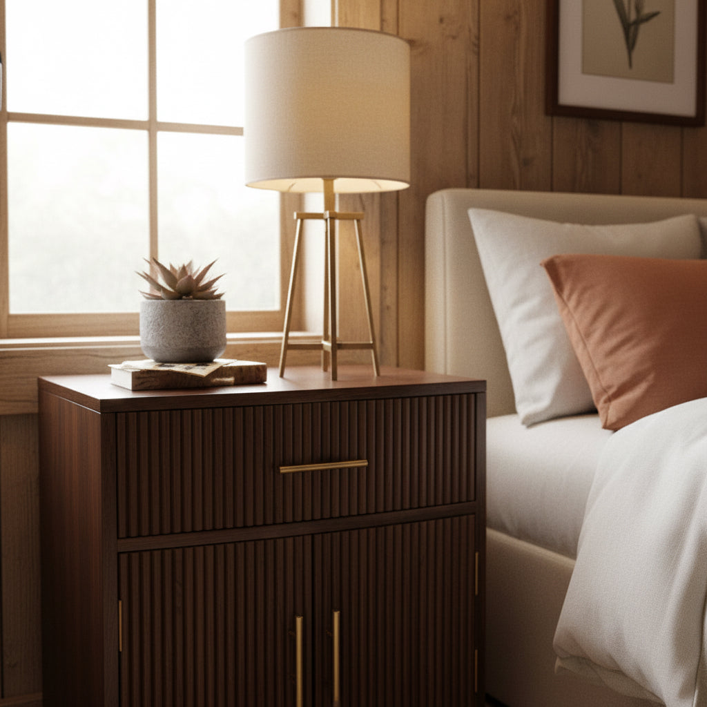 Milan Bedside Table - Solid Mango Wood Velvet Mocha Fluted Design-Nightstand-DECOROLALA