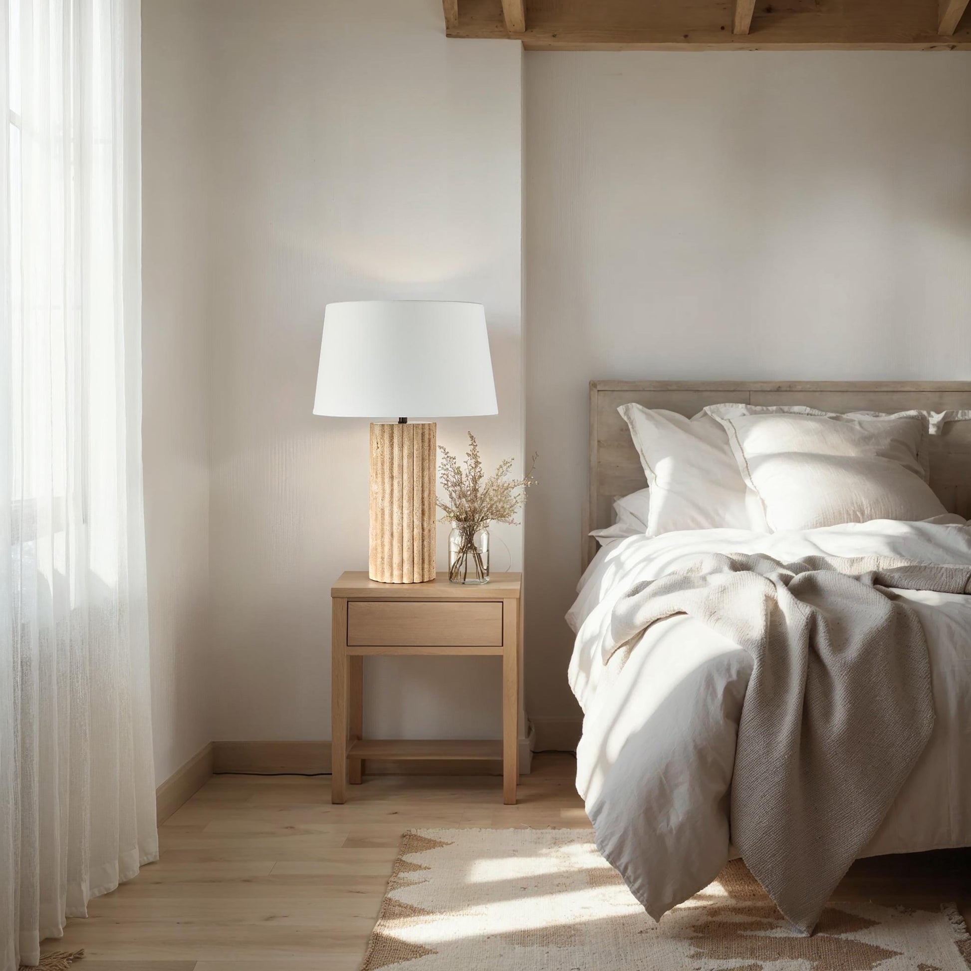 Milena 28" Travertine Table Lamp, Beige Linen-Table Lamp-DECOROLALA