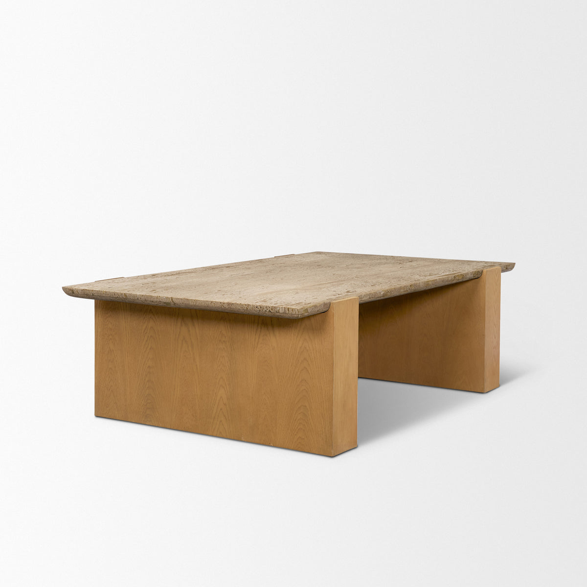Milos Travertine Top w/ Light Brown Oak Wood Coffee Table-Coffee Tables-DECOROLALA