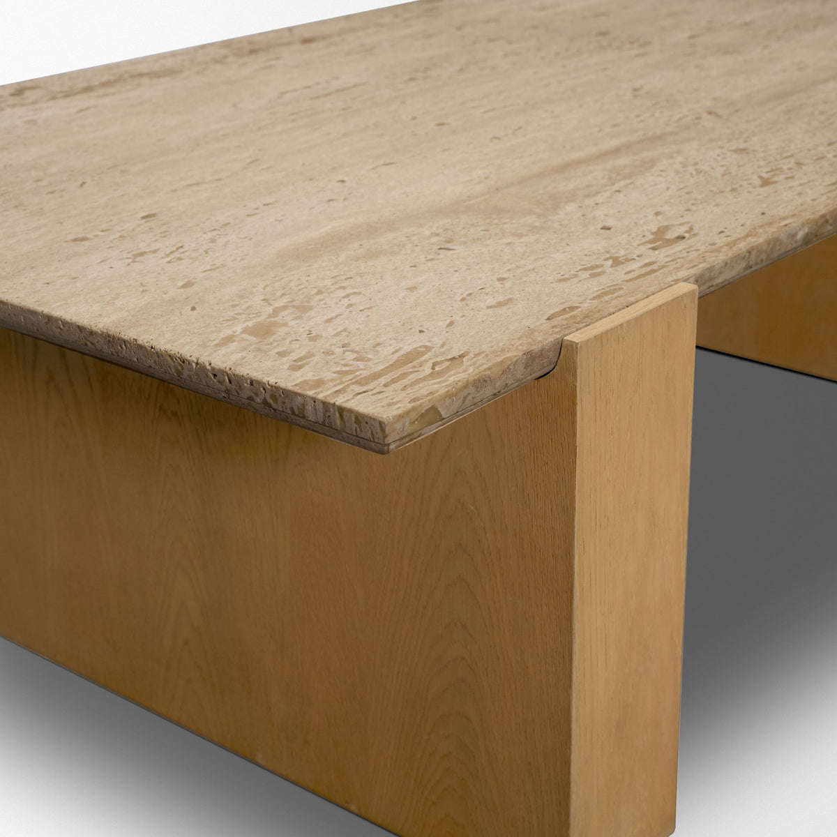 Milos Travertine Top w/ Light Brown Oak Wood Coffee Table-Coffee Tables-DECOROLALA