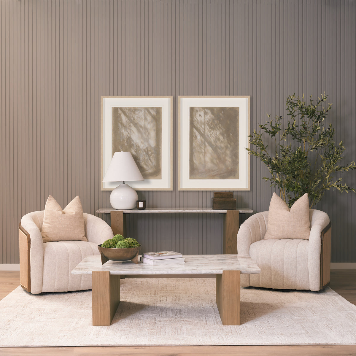 Milos Travertine Top w/ Light Brown Oak Wood Coffee Table-Coffee Tables-DECOROLALA